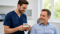 Dentist showing a patient a model of a full-arch All-on-4 dental implant restoration